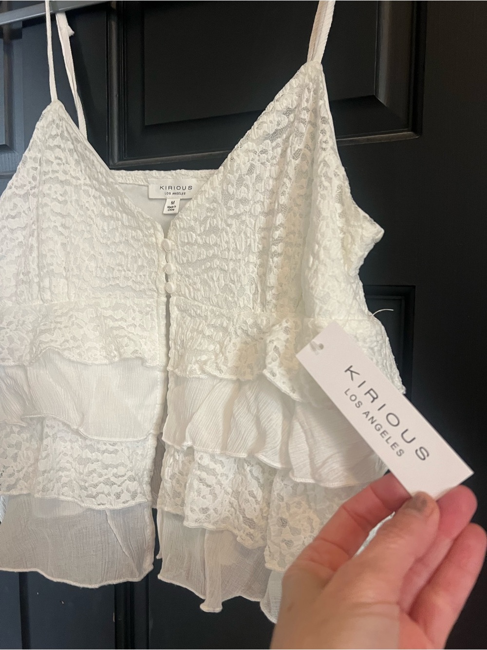 Kirious White Lace Tiered Ruffle Cami with Button Front